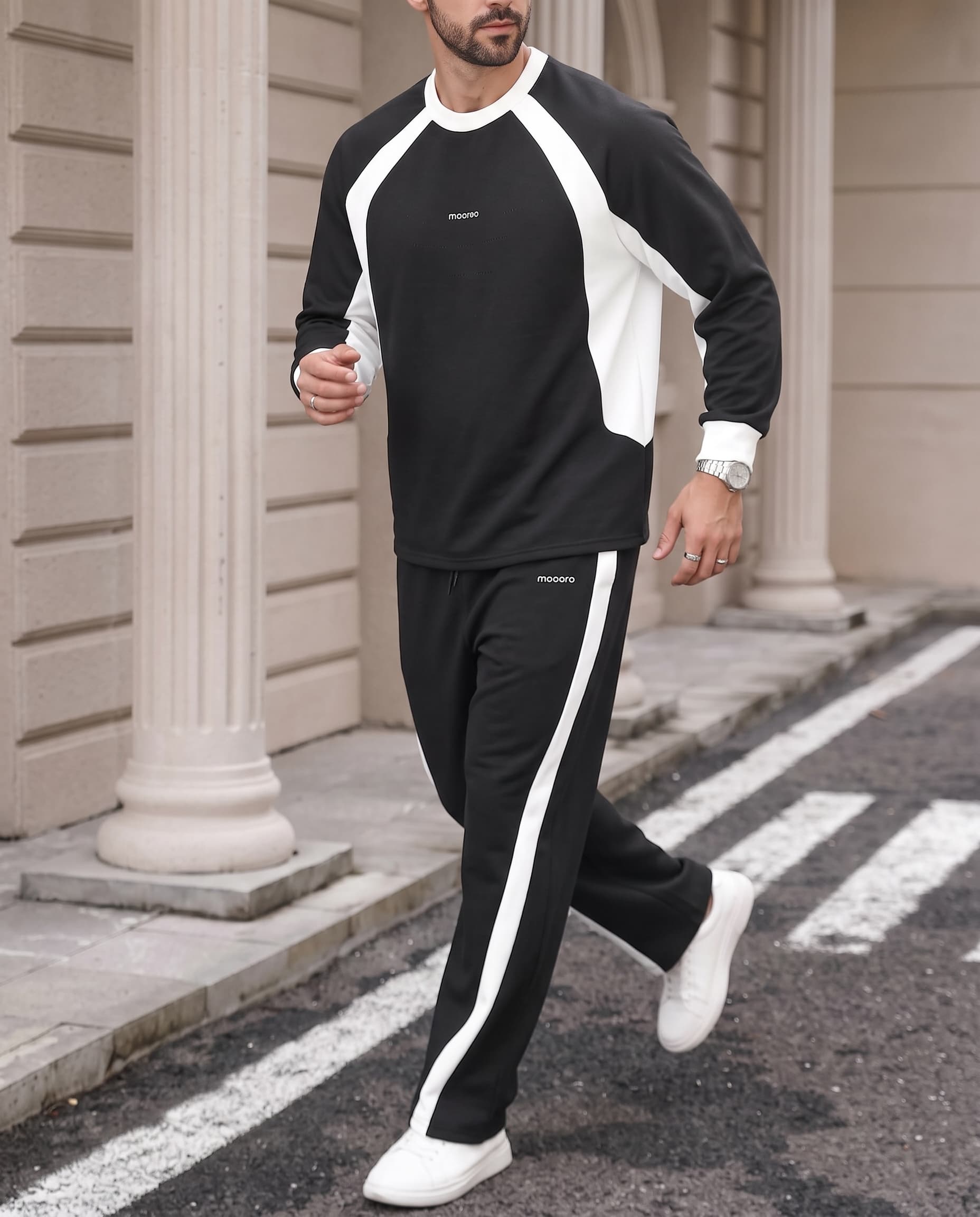 Men's Black White Contrast Tracksuit Set