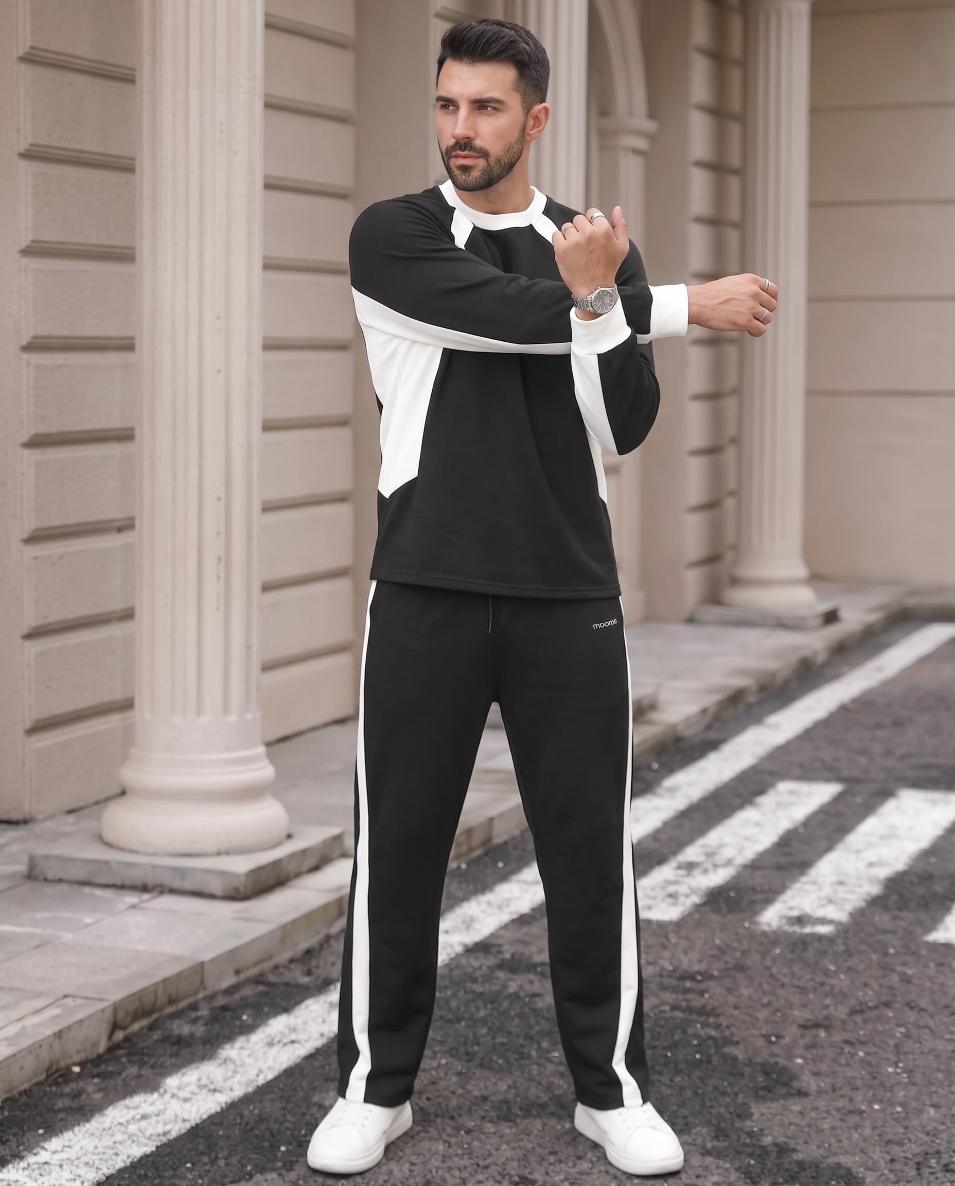 Men's Black White Contrast Tracksuit Set