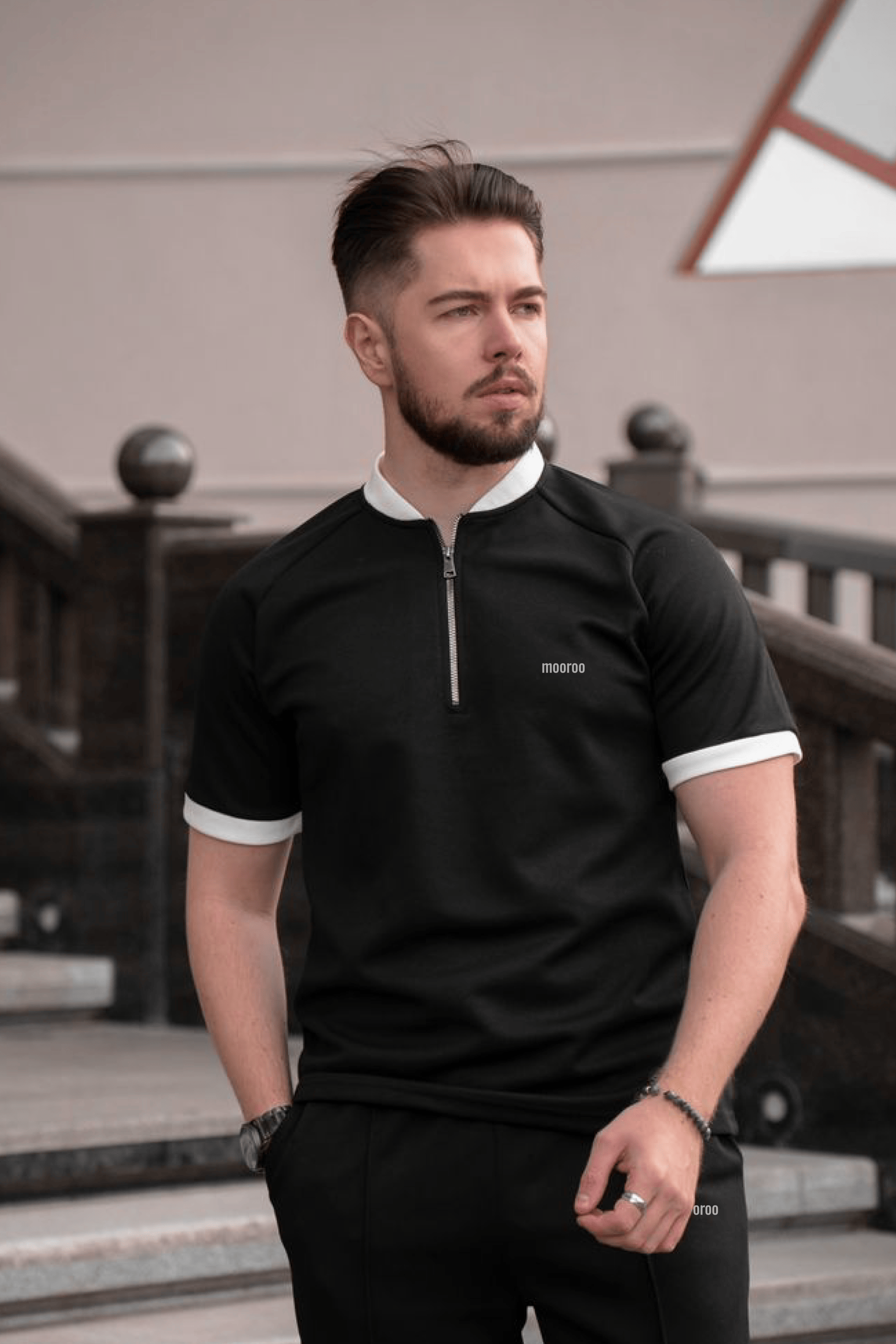 Men’s Black Slim Fit Zipper Tracksuit Set