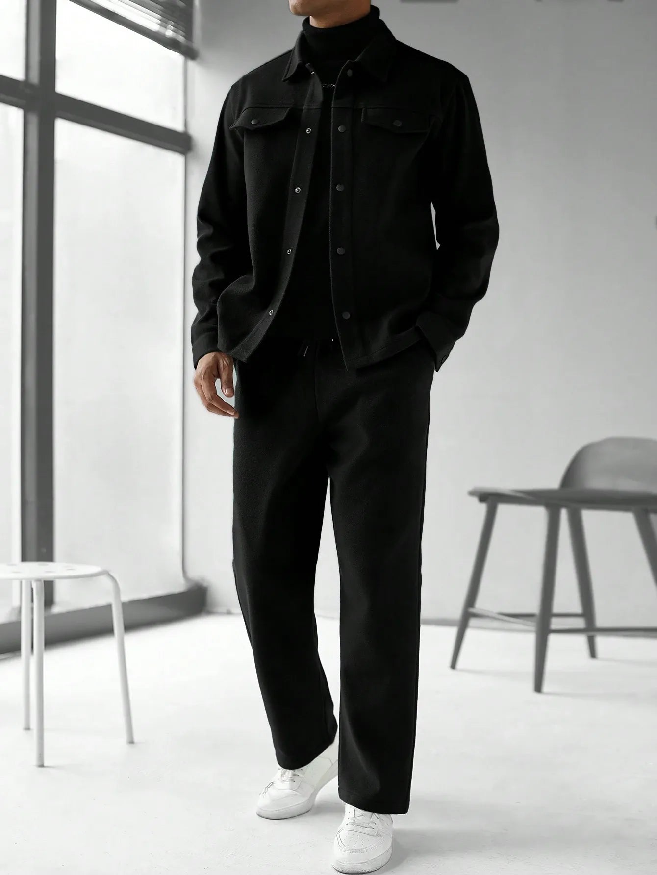 Men's Black Textured Co-ord Set: Jacket & Trousers