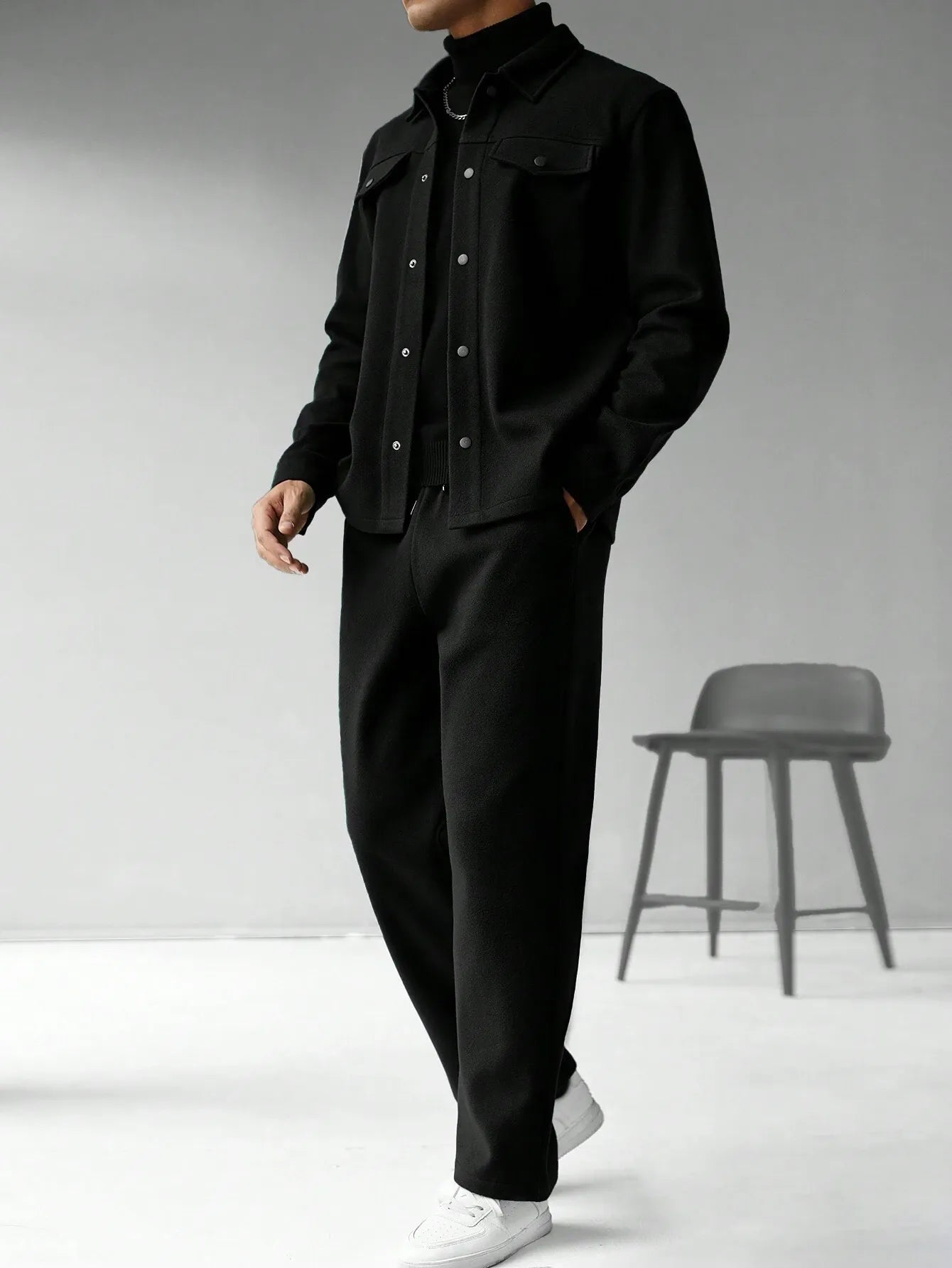 Men's Black Textured Co-ord Set: Jacket & Trousers